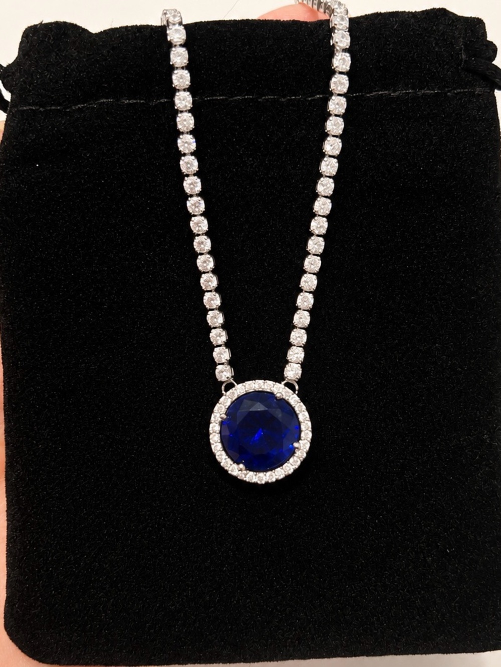 Sapphire Blue Round Pendant Tennis Necklace - Women Jewelry